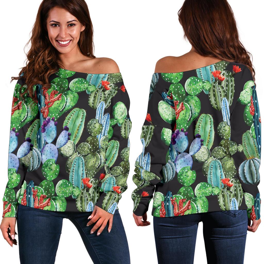Cactus Watercolor Style Print Off Shoulder Sweatshirt