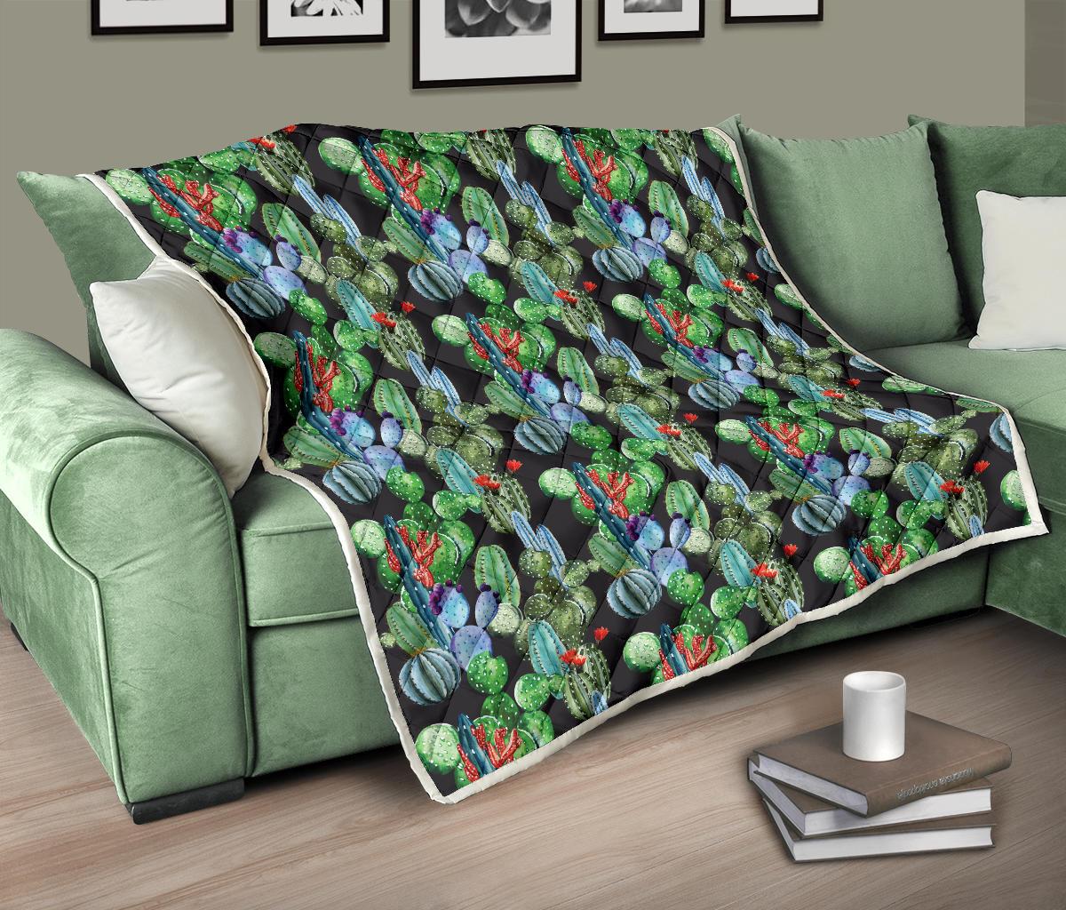 Cactus Watercolor Style Print Premium Quilt-JTAMIGO.COM