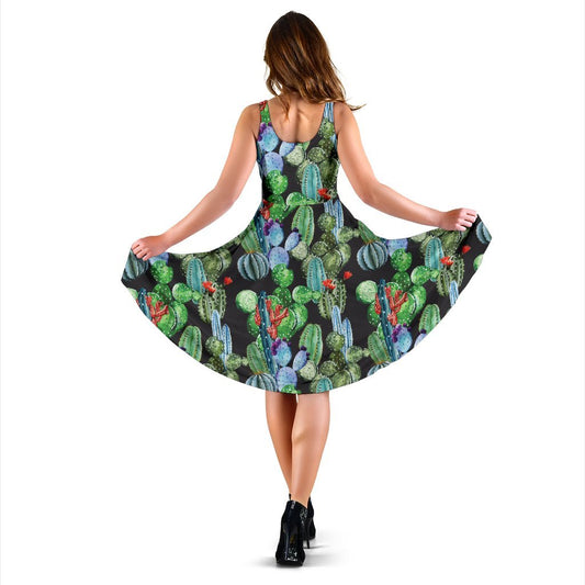 Cactus Watercolor Style Print Sleeveless Dress