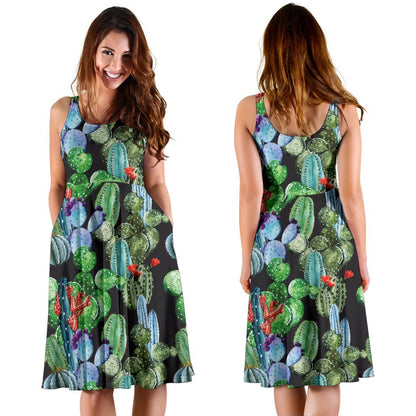 Cactus Watercolor Style Print Sleeveless Dress