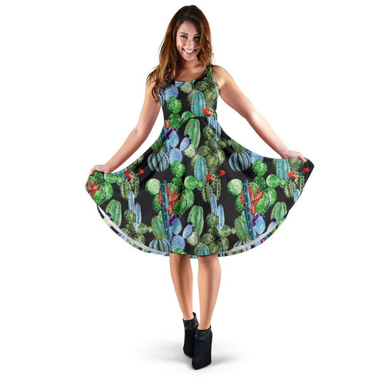 Cactus Watercolor Style Print Sleeveless Dress