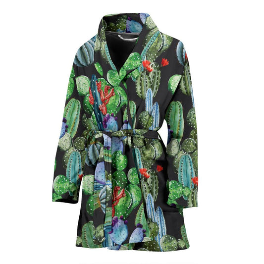 Cactus Watercolor Style Print Women Bath Robe-JTAMIGO.COM