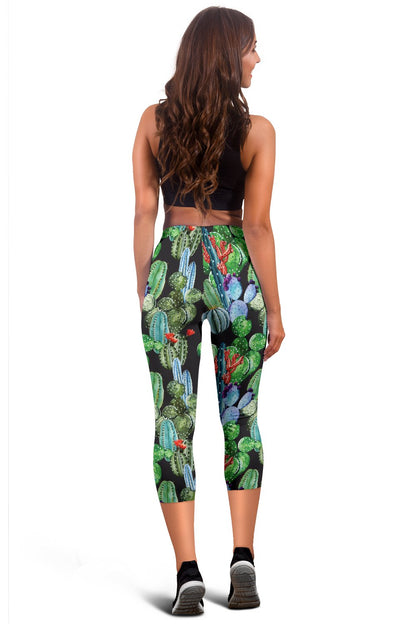 Cactus Watercolor Style Print Women Capris