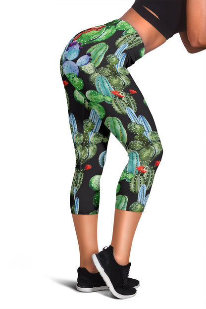 Cactus Watercolor Style Print Women Capris