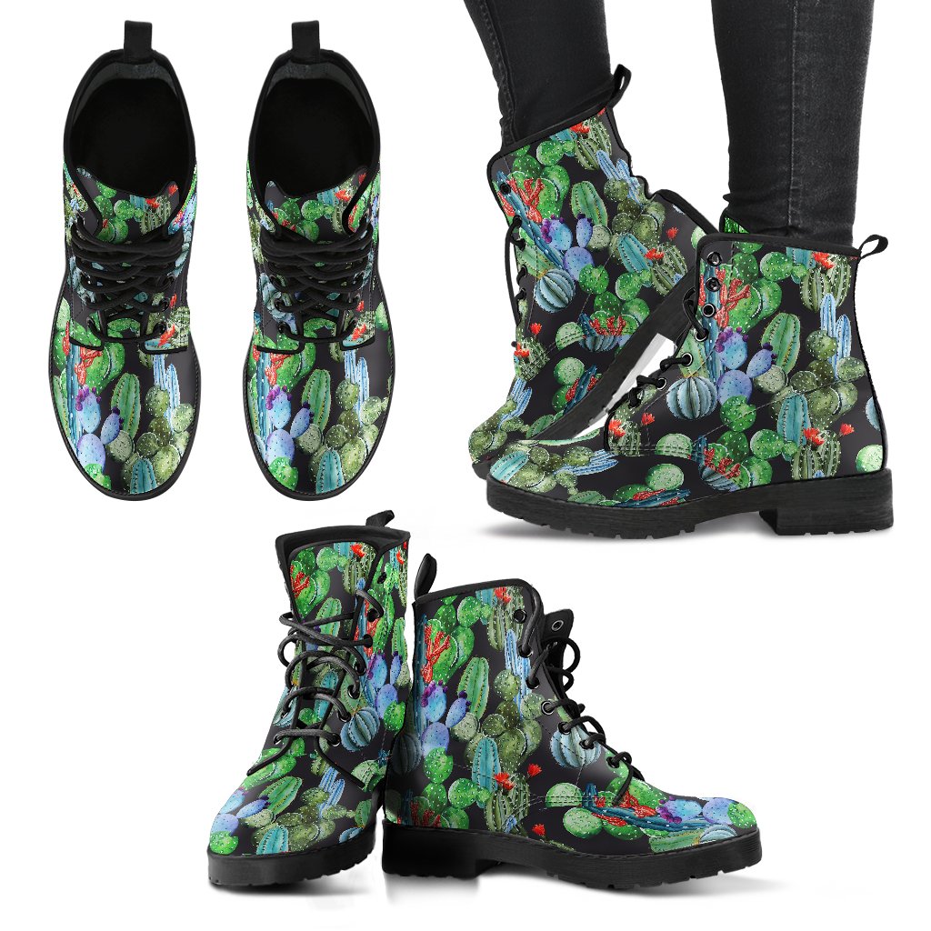 Cactus Watercolor Style Print Women Leather Boots-JTAMIGO.COM