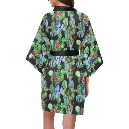 Cactus Watercolor Style Print Women Short Kimono Robe