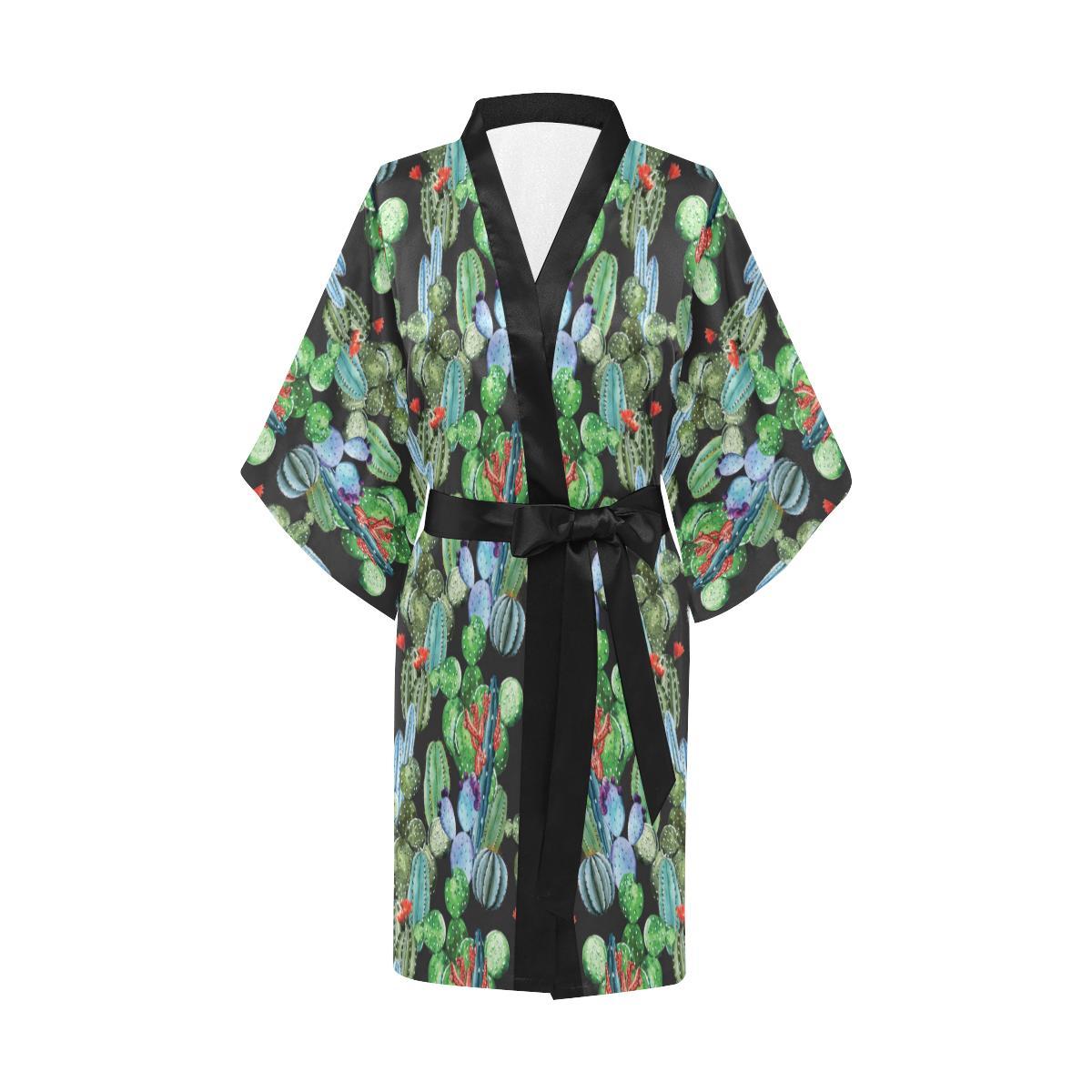 Cactus Watercolor Style Print Women Short Kimono Robe