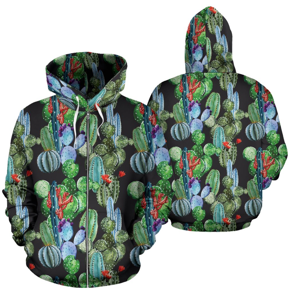 Cactus Watercolor Style Print Zip Up Hoodie