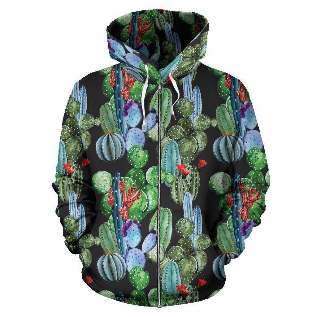 Cactus Watercolor Style Print Zip Up Hoodie