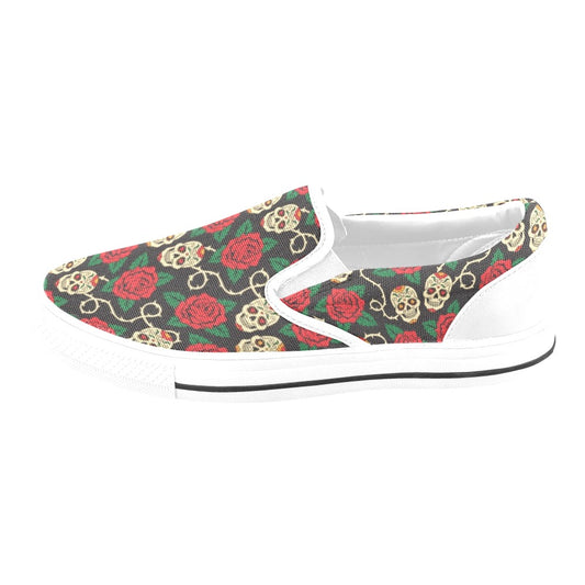 Sugar Skull Red Rose Print Design LKS301 White Slip Ons Canvas Women's Shoes