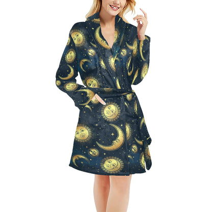 Gold Sun Moon Face Women's Fleece Robe