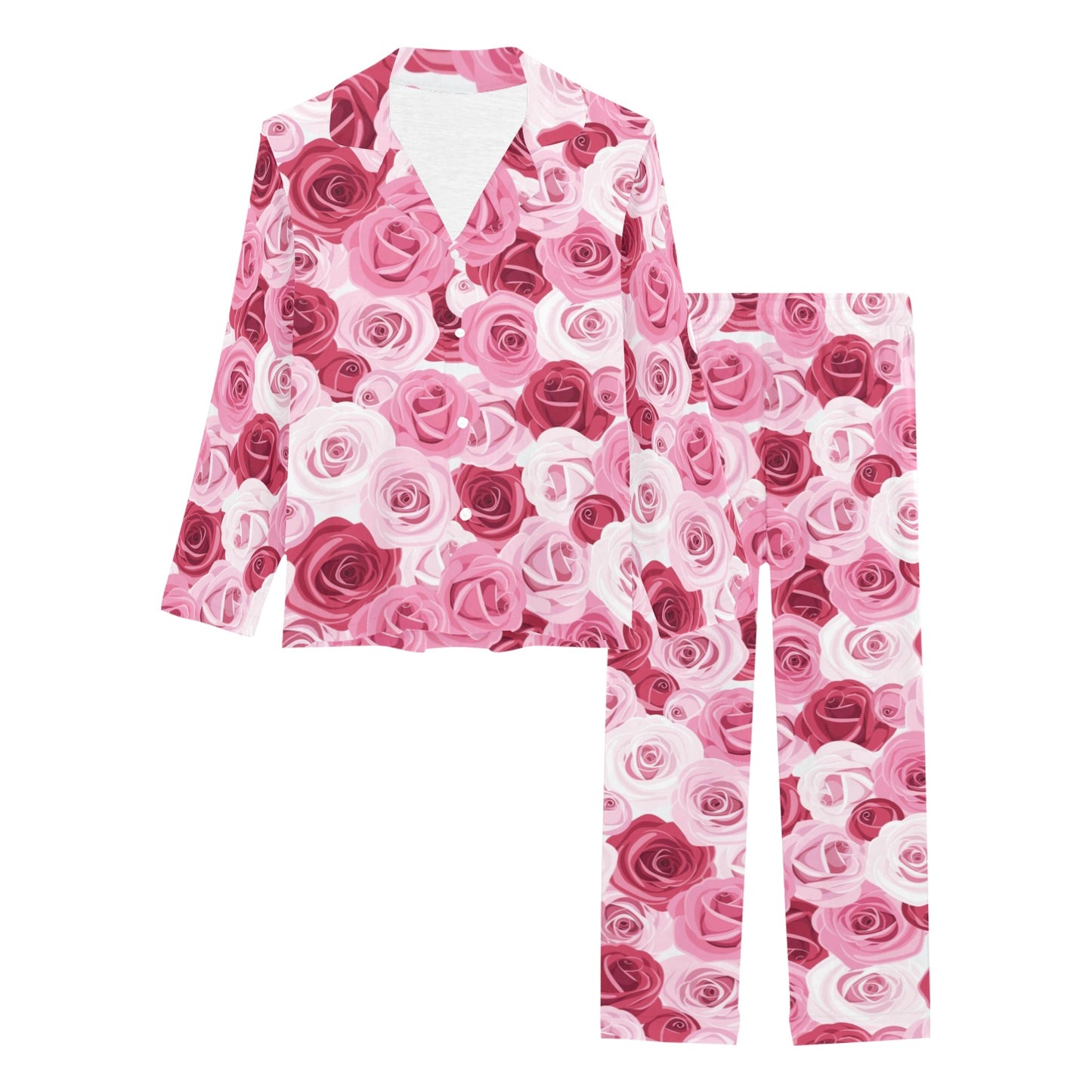 Pink Red Rose Pattern Print Women's Long Pajama Set