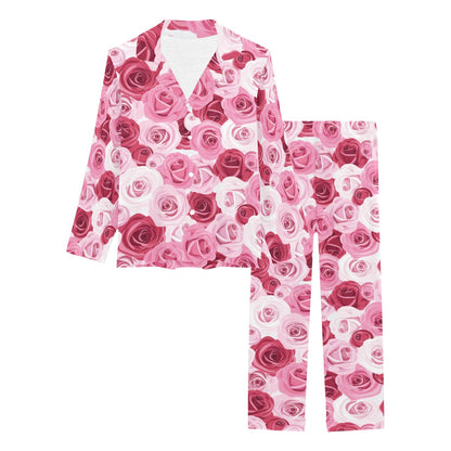 Pink Red Rose Pattern Print Women's Long Pajama Set