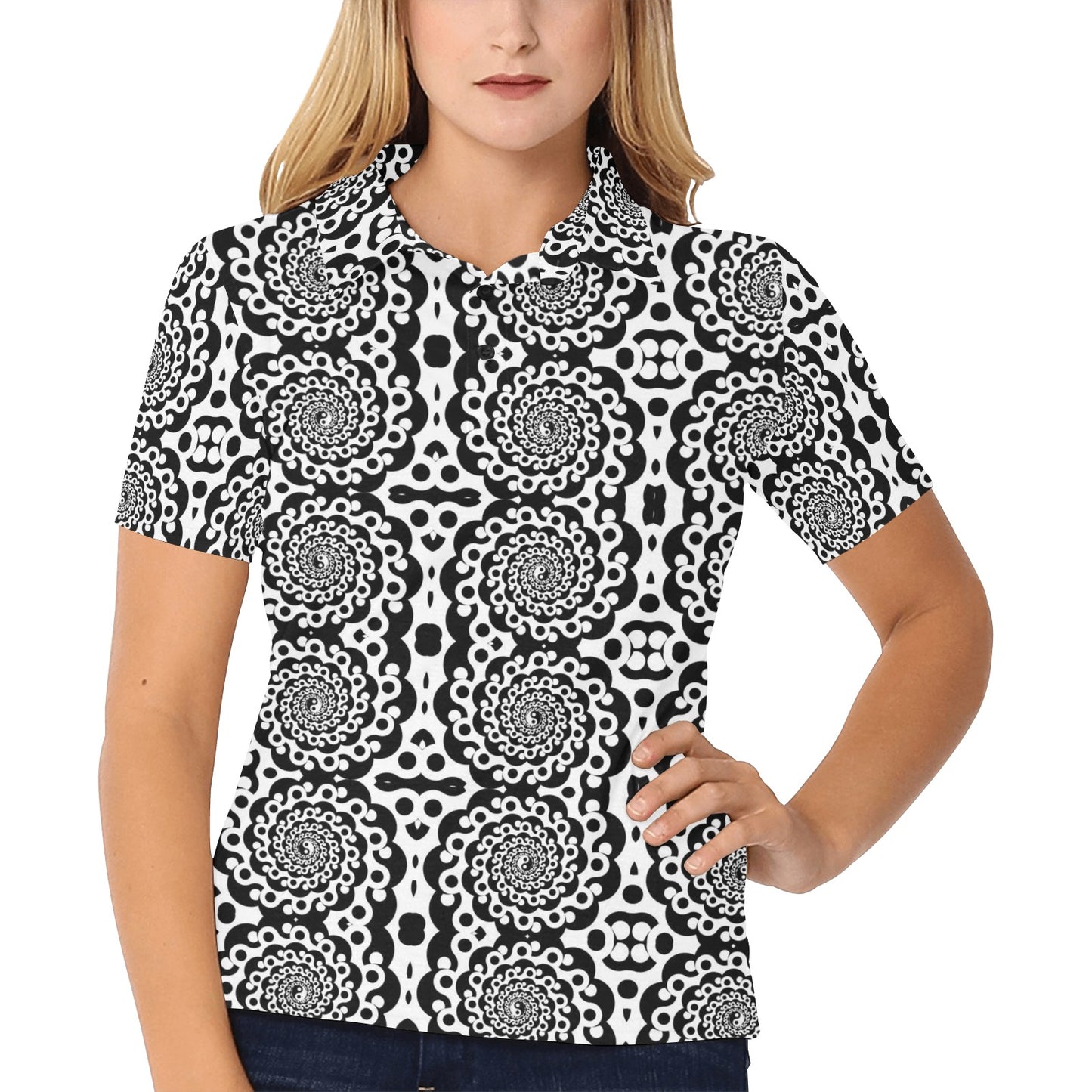 Yin Yang Spiral Design Print Women's Polo Shirt