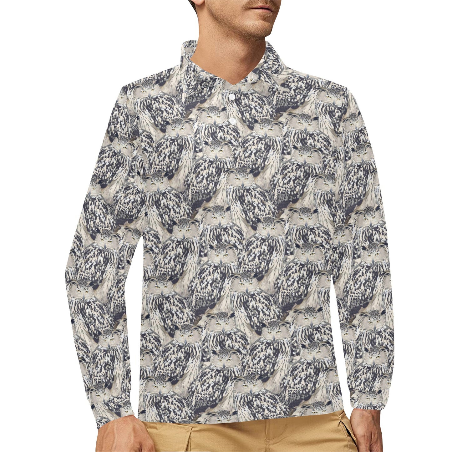 Owl Realistic Themed Design Print Long Sleeve Polo Shirt For Men's