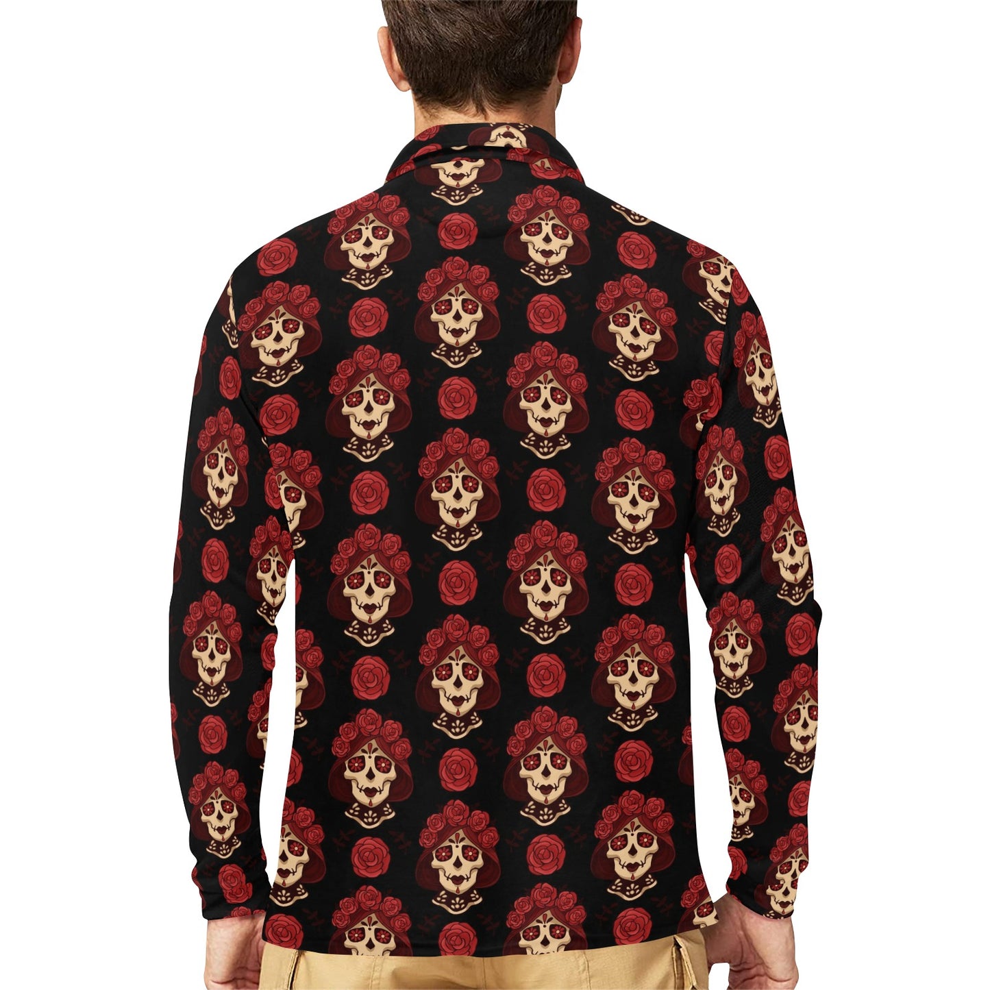 Day of the Dead Skull Girl Pattern Long Sleeve Polo Shirt For Men's