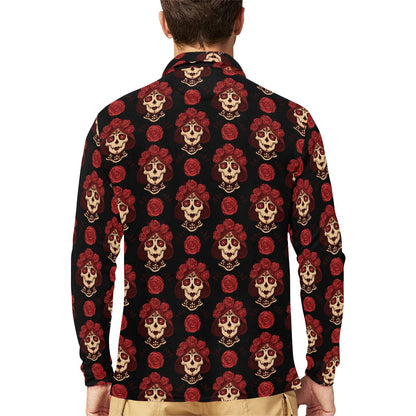 Day of the Dead Skull Girl Pattern Long Sleeve Polo Shirt For Men's