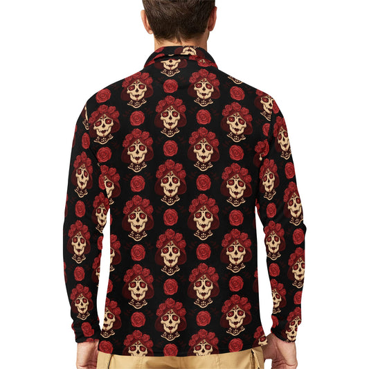 Day of the Dead Skull Girl Pattern Long Sleeve Polo Shirt For Men's