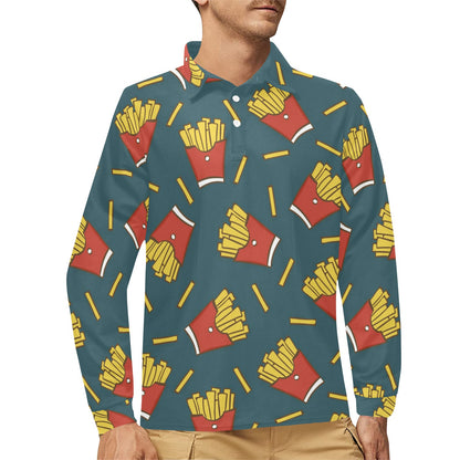 French Fried Pattern Print Design 04 Long Sleeve Polo Shirt For Men's