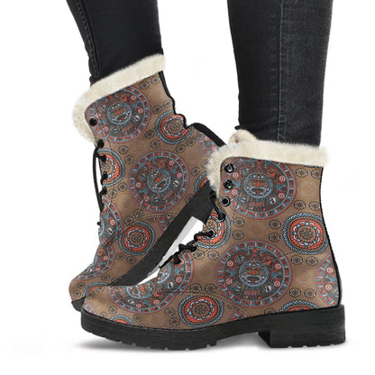 Calendar Aztec Design Print Pattern Faux Fur Leather Boots-JTAMIGO.COM