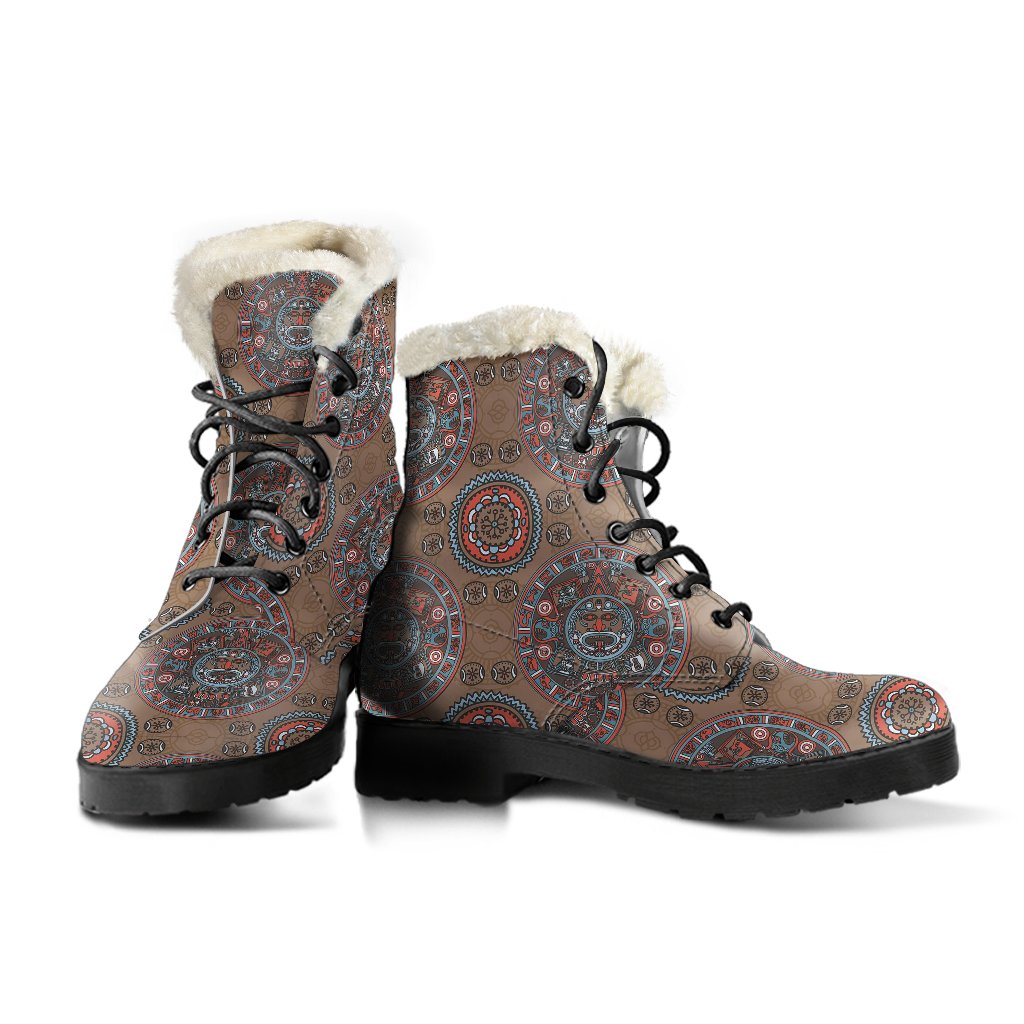 Calendar Aztec Design Print Pattern Faux Fur Leather Boots-JTAMIGO.COM