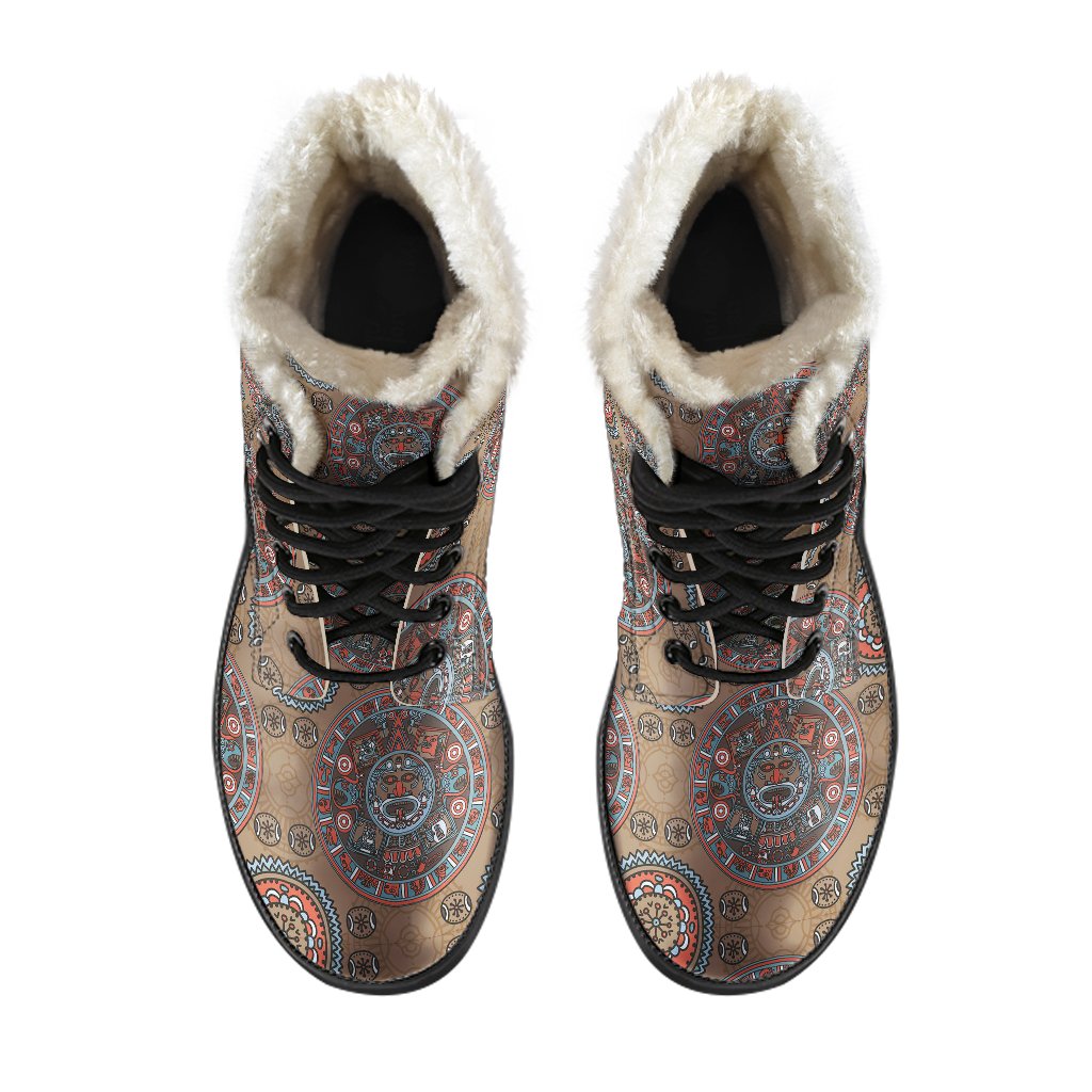 Calendar Aztec Design Print Pattern Faux Fur Leather Boots-JTAMIGO.COM