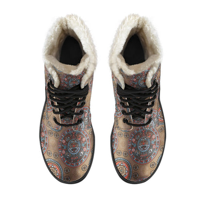 Calendar Aztec Design Print Pattern Faux Fur Leather Boots-JTAMIGO.COM
