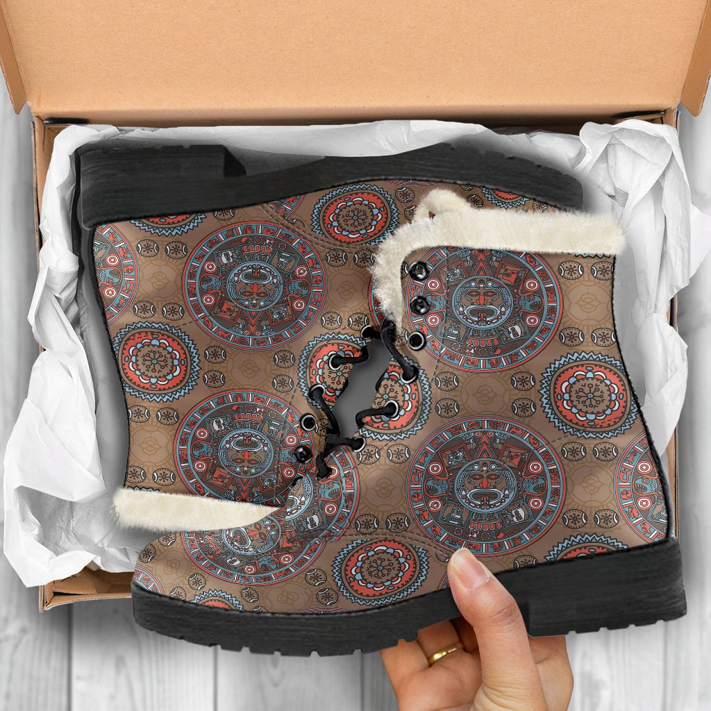 Calendar Aztec Design Print Pattern Faux Fur Leather Boots-JTAMIGO.COM