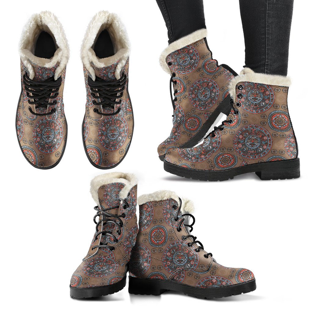 Calendar Aztec Design Print Pattern Faux Fur Leather Boots-JTAMIGO.COM