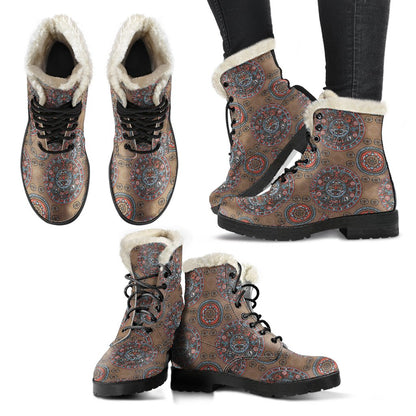 Calendar Aztec Design Print Pattern Faux Fur Leather Boots-JTAMIGO.COM