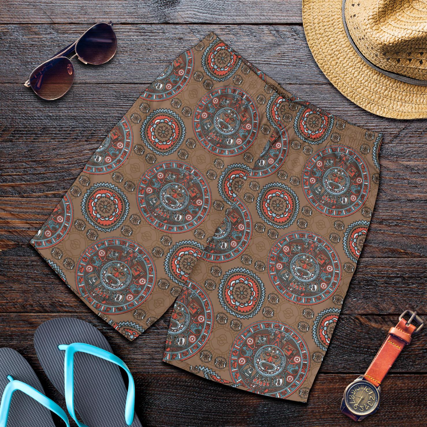 Calendar Aztec Design Print Pattern Mens Shorts-JTAMIGO.COM