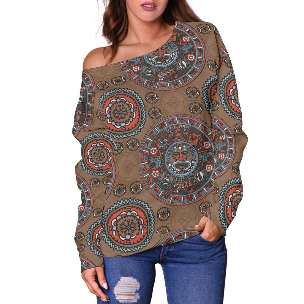 Calendar Aztec Design Print Pattern Off Shoulder Sweatshirt