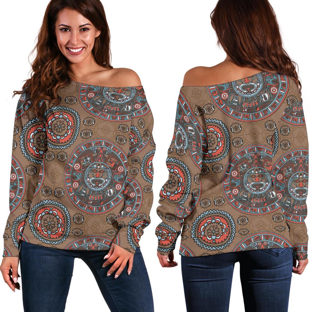 Calendar Aztec Design Print Pattern Off Shoulder Sweatshirt