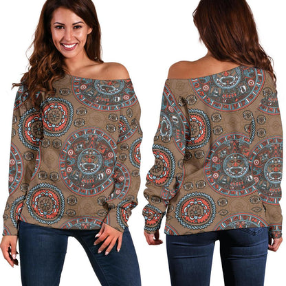 Calendar Aztec Design Print Pattern Off Shoulder Sweatshirt
