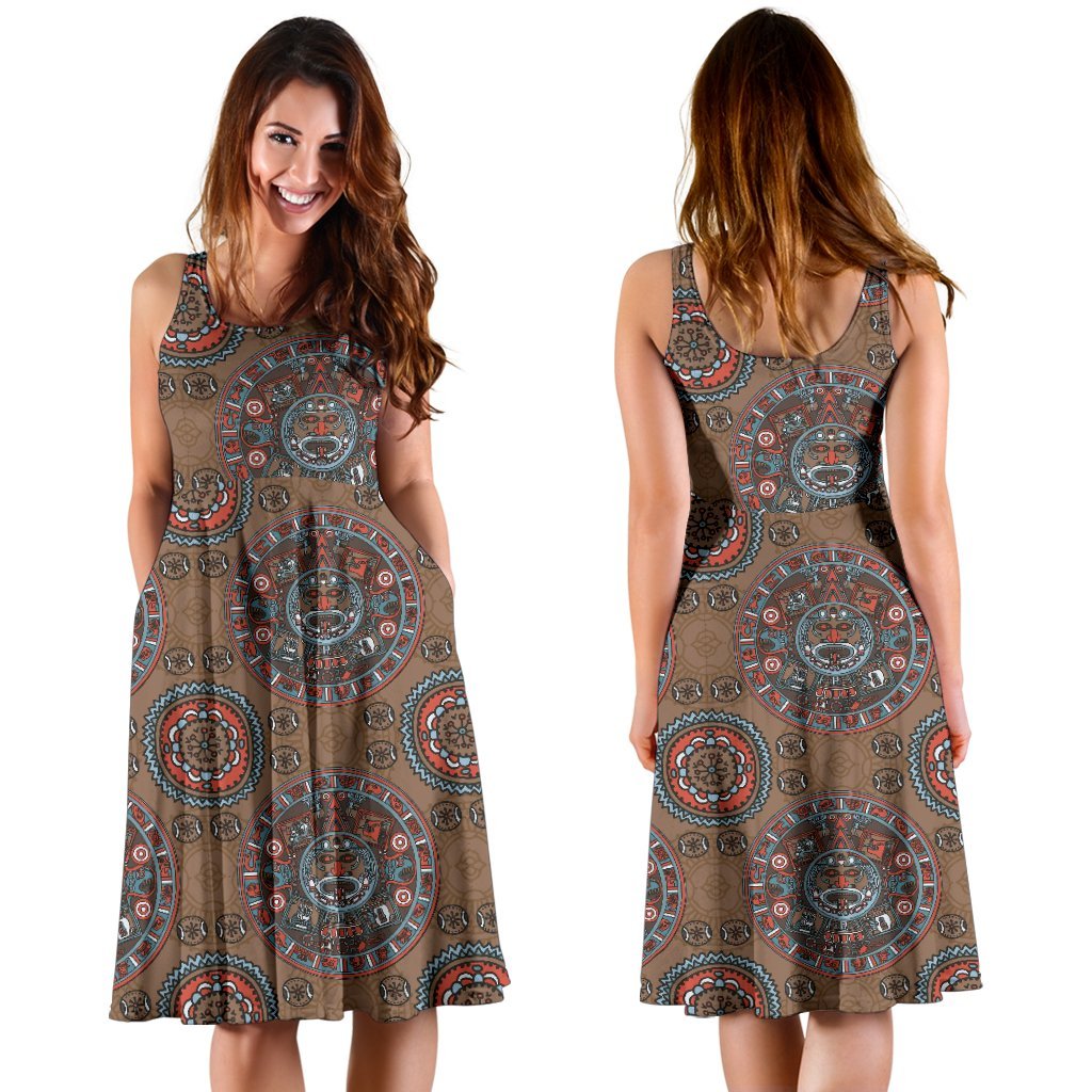 Calendar Aztec Design Print Pattern Sleeveless Dress