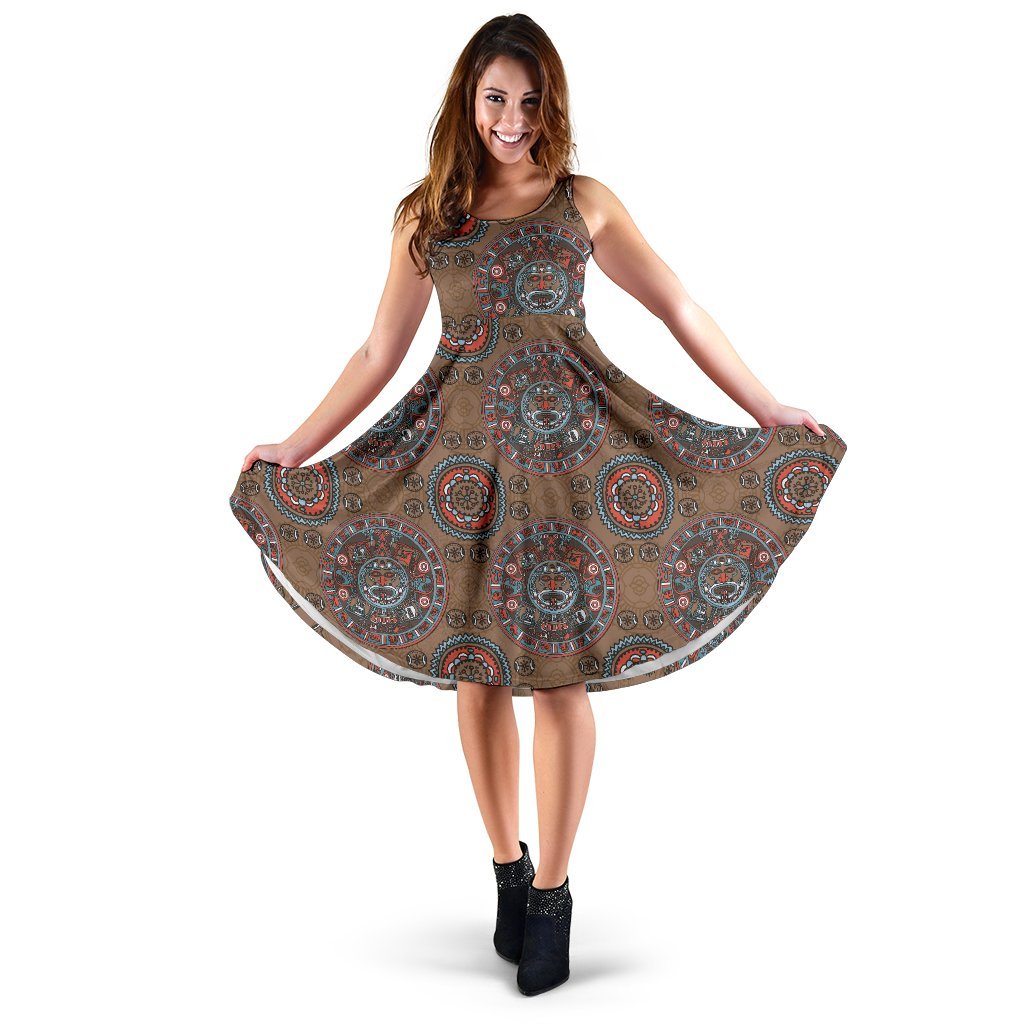 Calendar Aztec Design Print Pattern Sleeveless Dress