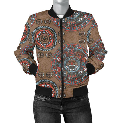 Calendar Aztec Design Print Pattern Women Casual Bomber Jacket