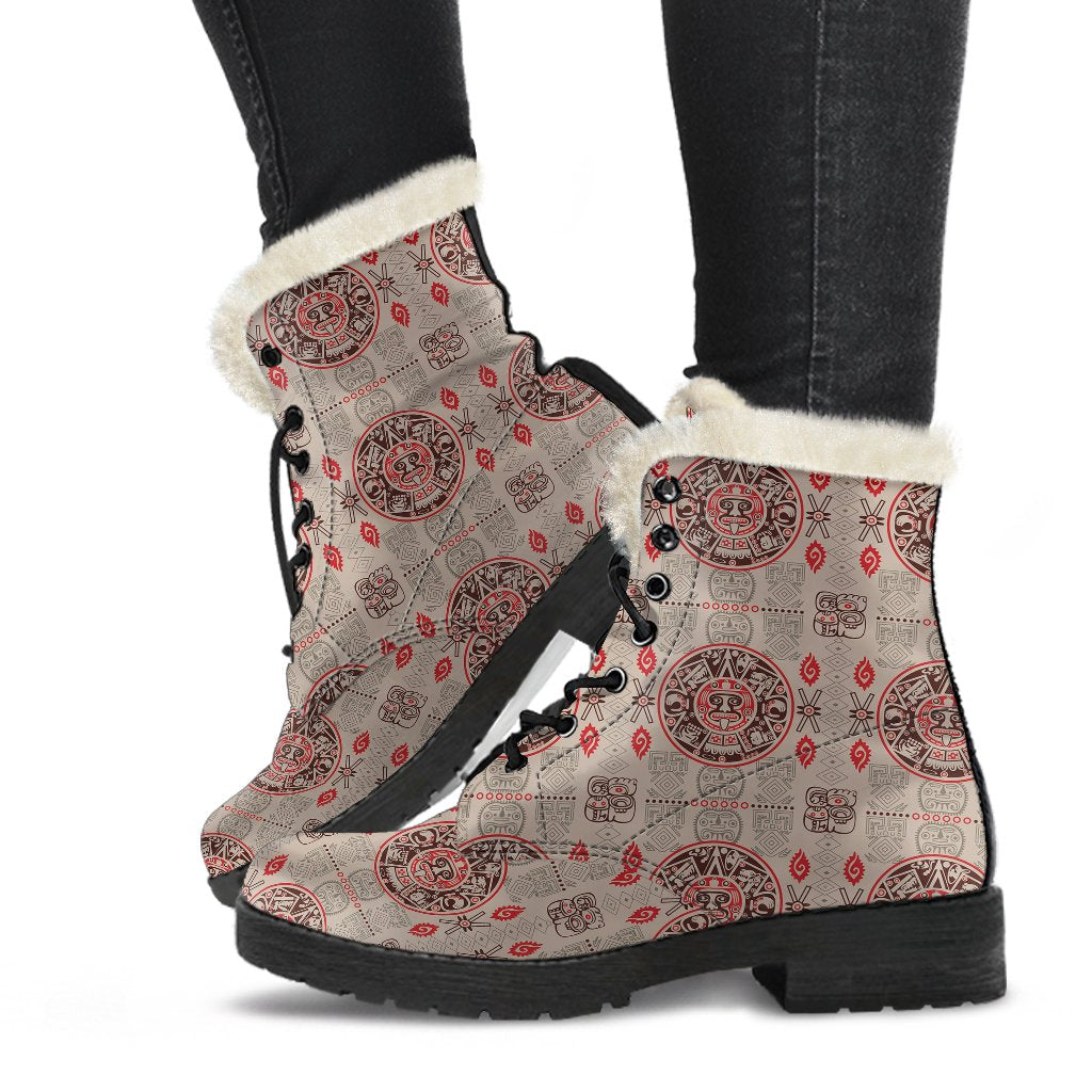 Calendar Aztec Print Pattern Faux Fur Leather Boots-JTAMIGO.COM