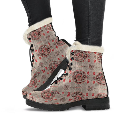 Calendar Aztec Print Pattern Faux Fur Leather Boots-JTAMIGO.COM