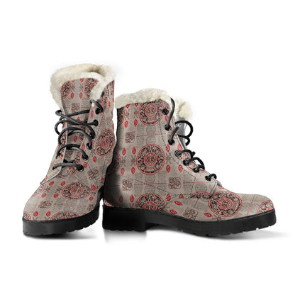 Calendar Aztec Print Pattern Faux Fur Leather Boots-JTAMIGO.COM