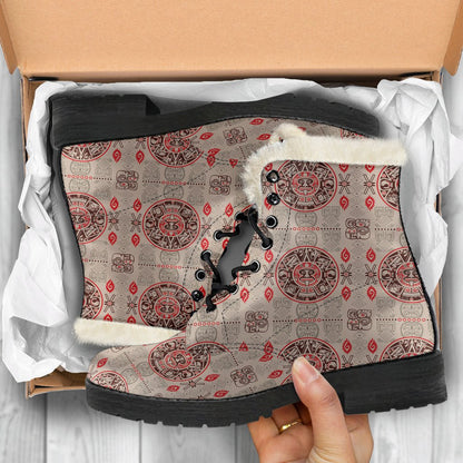 Calendar Aztec Print Pattern Faux Fur Leather Boots-JTAMIGO.COM