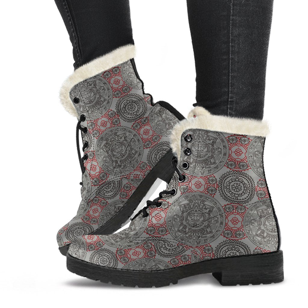 Calendar Aztec Style Print Pattern Faux Fur Leather Boots-JTAMIGO.COM