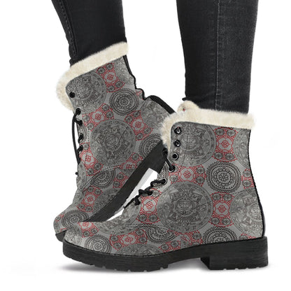 Calendar Aztec Style Print Pattern Faux Fur Leather Boots-JTAMIGO.COM