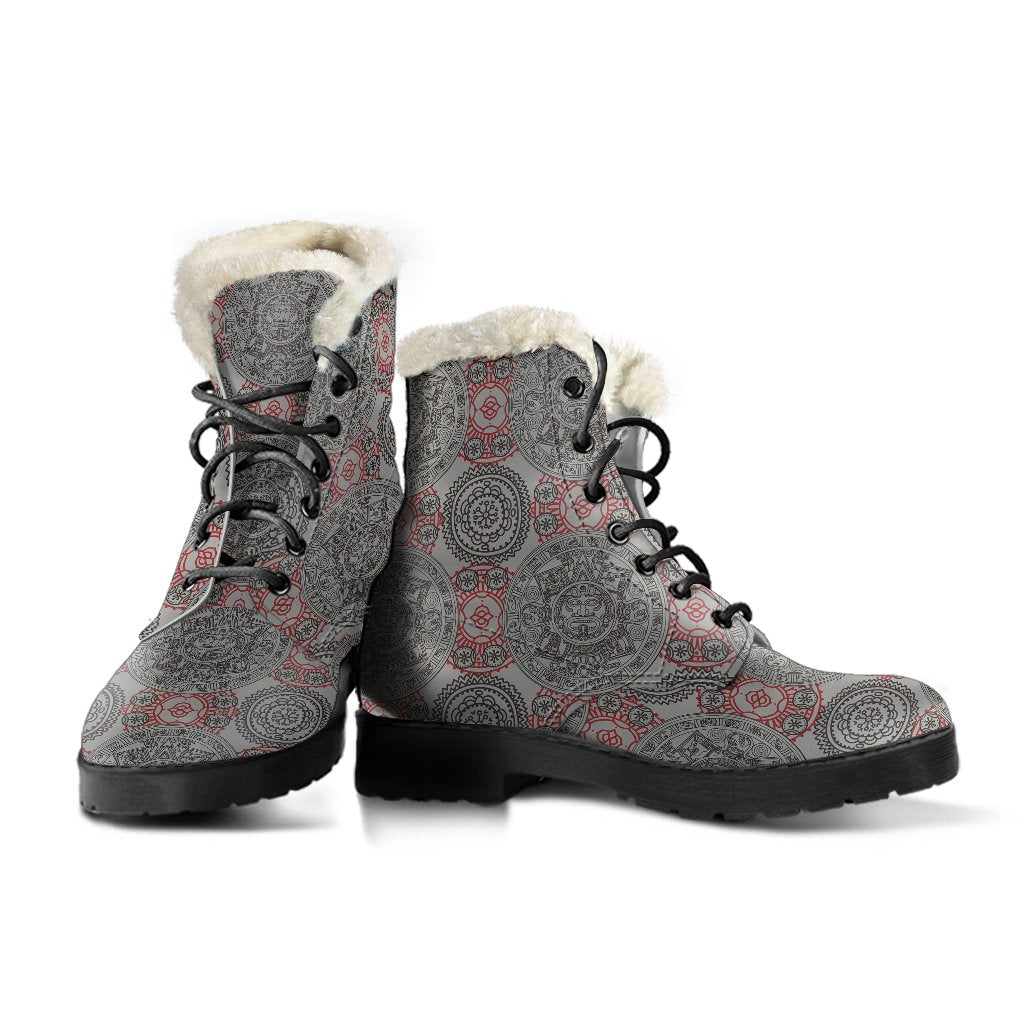 Calendar Aztec Style Print Pattern Faux Fur Leather Boots-JTAMIGO.COM