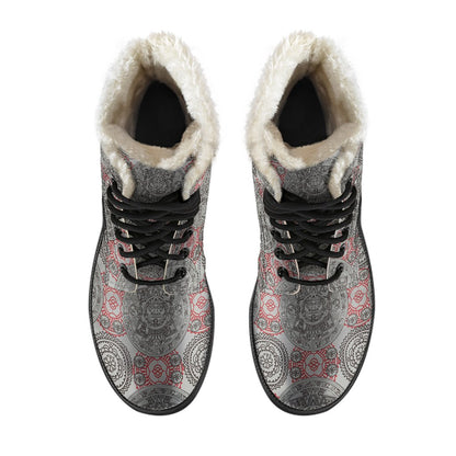 Calendar Aztec Style Print Pattern Faux Fur Leather Boots-JTAMIGO.COM