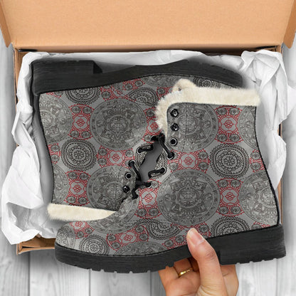 Calendar Aztec Style Print Pattern Faux Fur Leather Boots-JTAMIGO.COM