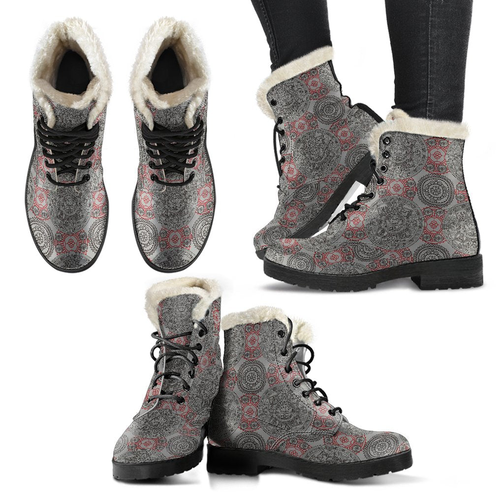 Calendar Aztec Style Print Pattern Faux Fur Leather Boots-JTAMIGO.COM