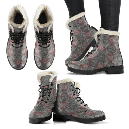 Calendar Aztec Style Print Pattern Faux Fur Leather Boots-JTAMIGO.COM
