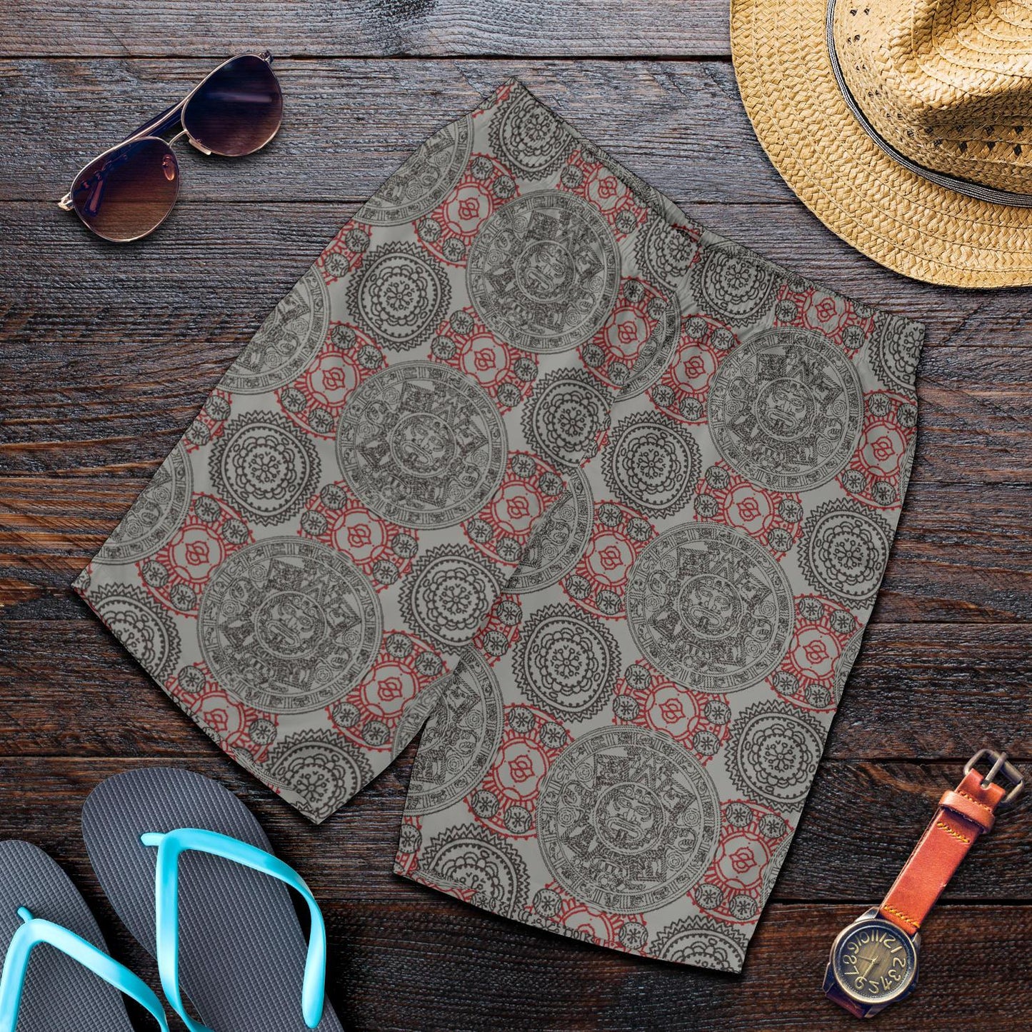 Calendar Aztec Style Print Pattern Mens Shorts-JTAMIGO.COM