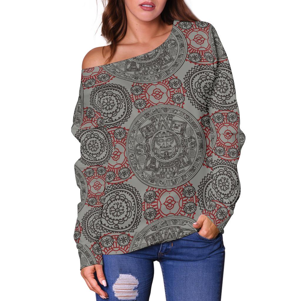Calendar Aztec Style Print Pattern Off Shoulder Sweatshirt